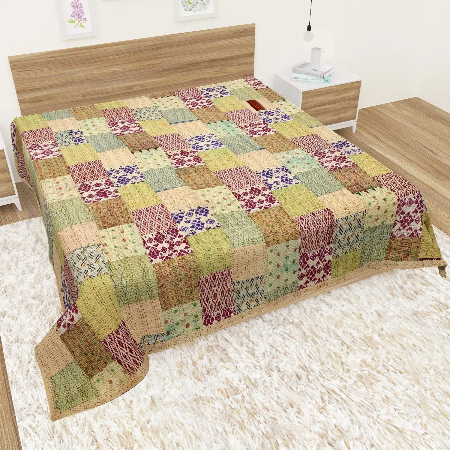 Silk Patchwork patola Kantha Quilts Handmade Sofa Cover Bohemian Bedspread Reversible Throw Blanket California