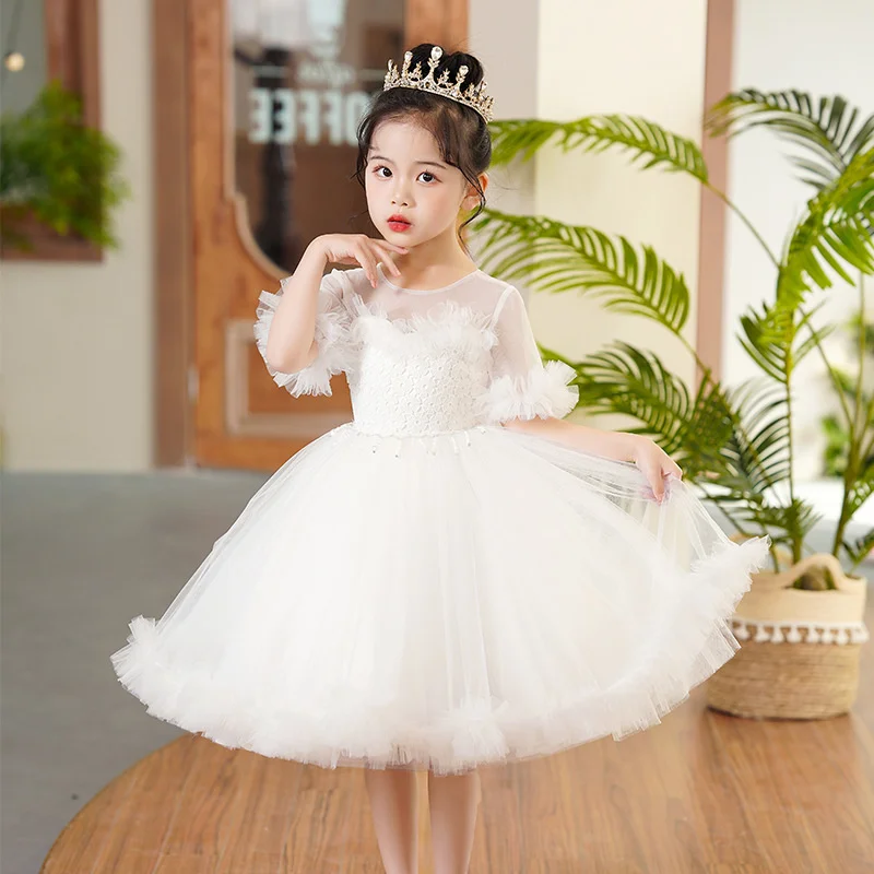 

Dress Wedding Girl O-neck Party Lace Folds Short Sleeve Princess Patchwork Hollow Tutu Dresses Children'S Costumes Noble White