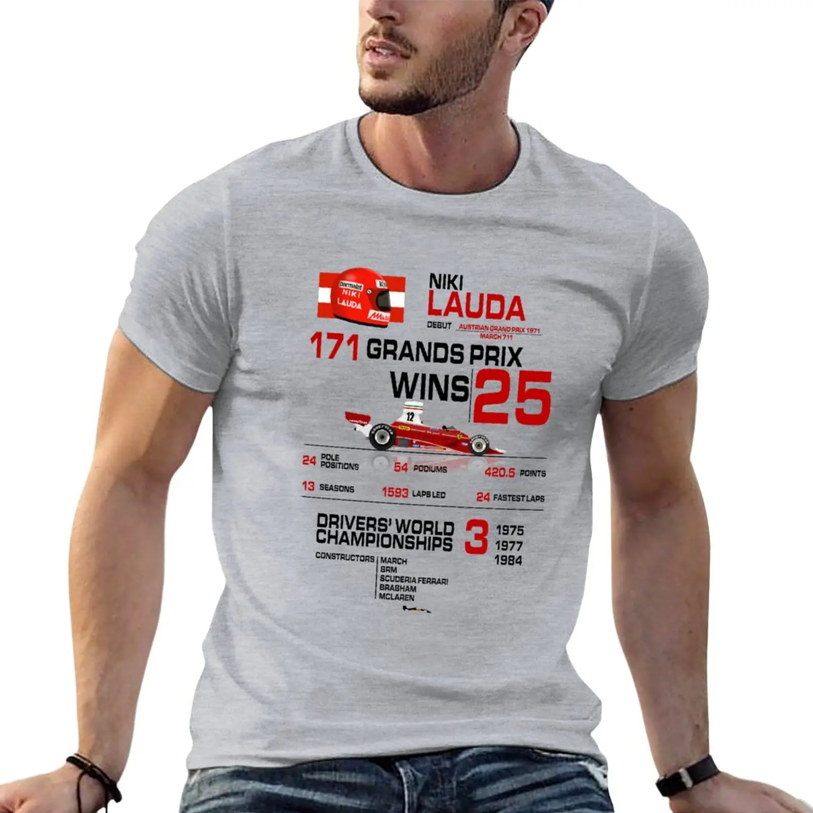 Niki Lauda - F1 Stats with car & helmet design t-shirt t-shirt per un ragazzo manica corta tee men clothes