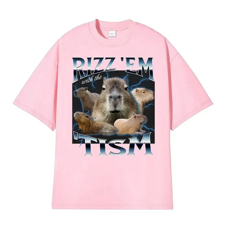 Rizz Em with The Tism Retro T Shirt Funny Cute Kawaii Capybara Meme T-shirt Men\'s Women Casual Fashion Humor Short Sleeve Tshirt