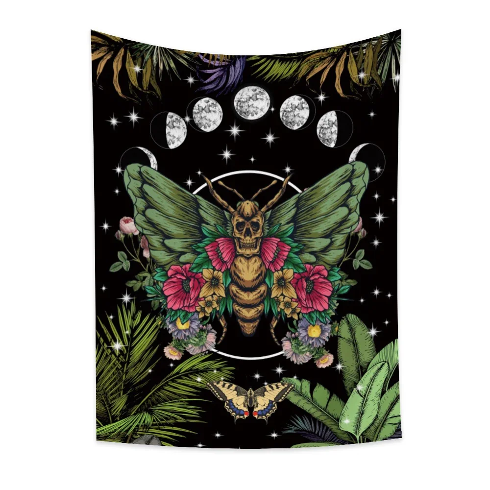 Mushroom Skeleton Tapestry Wall Hanging Hippie Trippy Moon Phase Moth Tapestry Art for Bedroom Living Room Dorm Home Decor