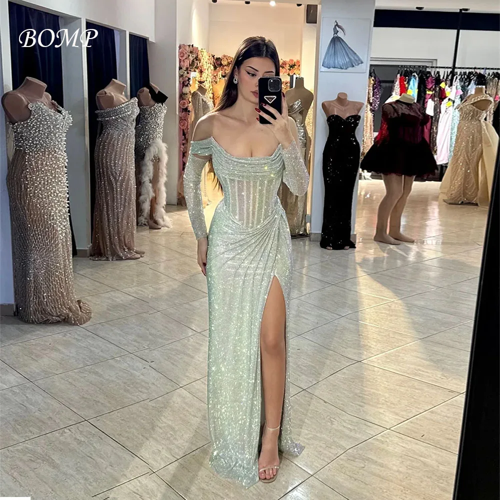 

BOMP Dubai customized Silver Shiny Prom Dress With Sleeve Off Shoulder Vestidos de noche Side High Split Formal event dress