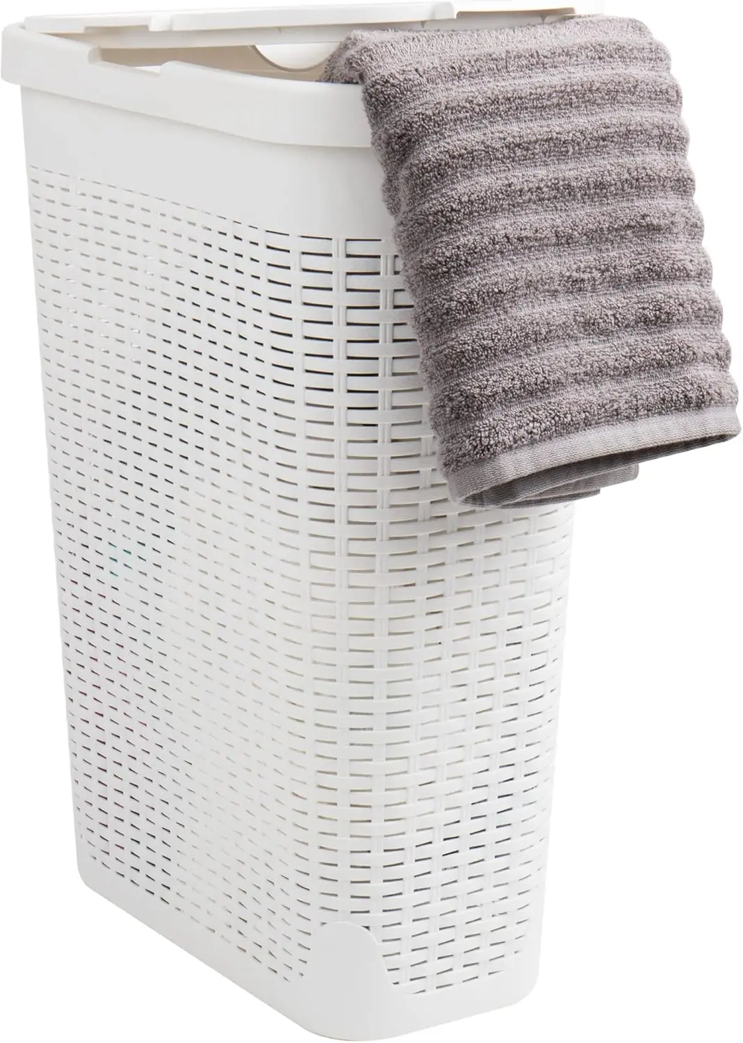 

40L Slim Laundry Hamper with Lid, White Wicker Design Plastic Basket for Closet and Bathroom
