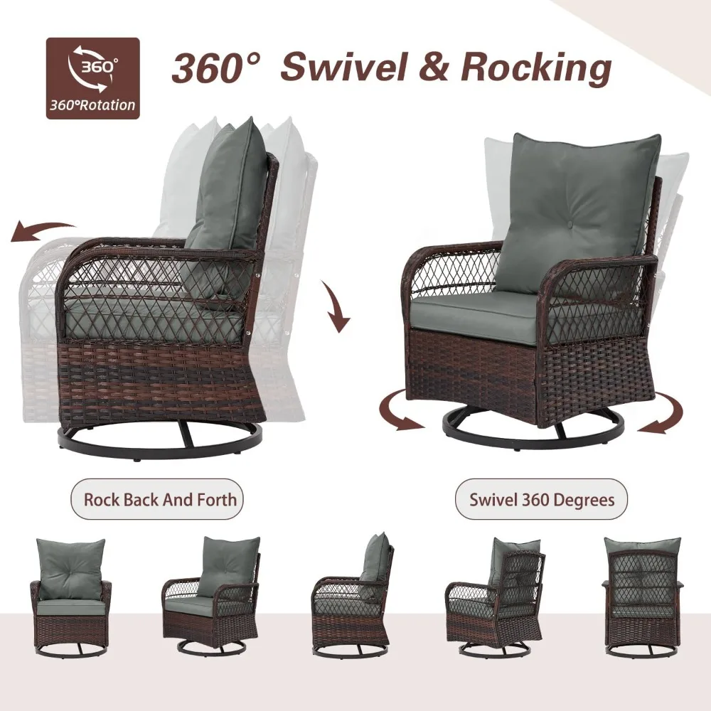 طقم فناء مكون من 3 قطع، كراسي فناء هزازة دوارة خارجية مع وسائد سميكة وطاولة زجاجية للشرفة الأمامية