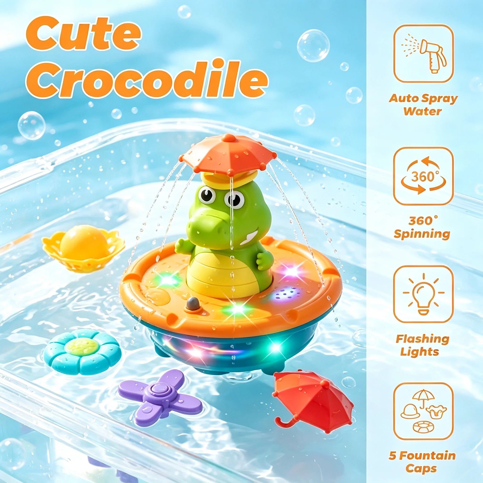 Krokodil-Sprühwasserspielzeug mit LED, schwimmendes Aufziehspielzeug, Wasserspaß-Spielzeug für Neugeborene, Geschenk für Kleinkinder im Vorschulalter, Badewannenspielzeug