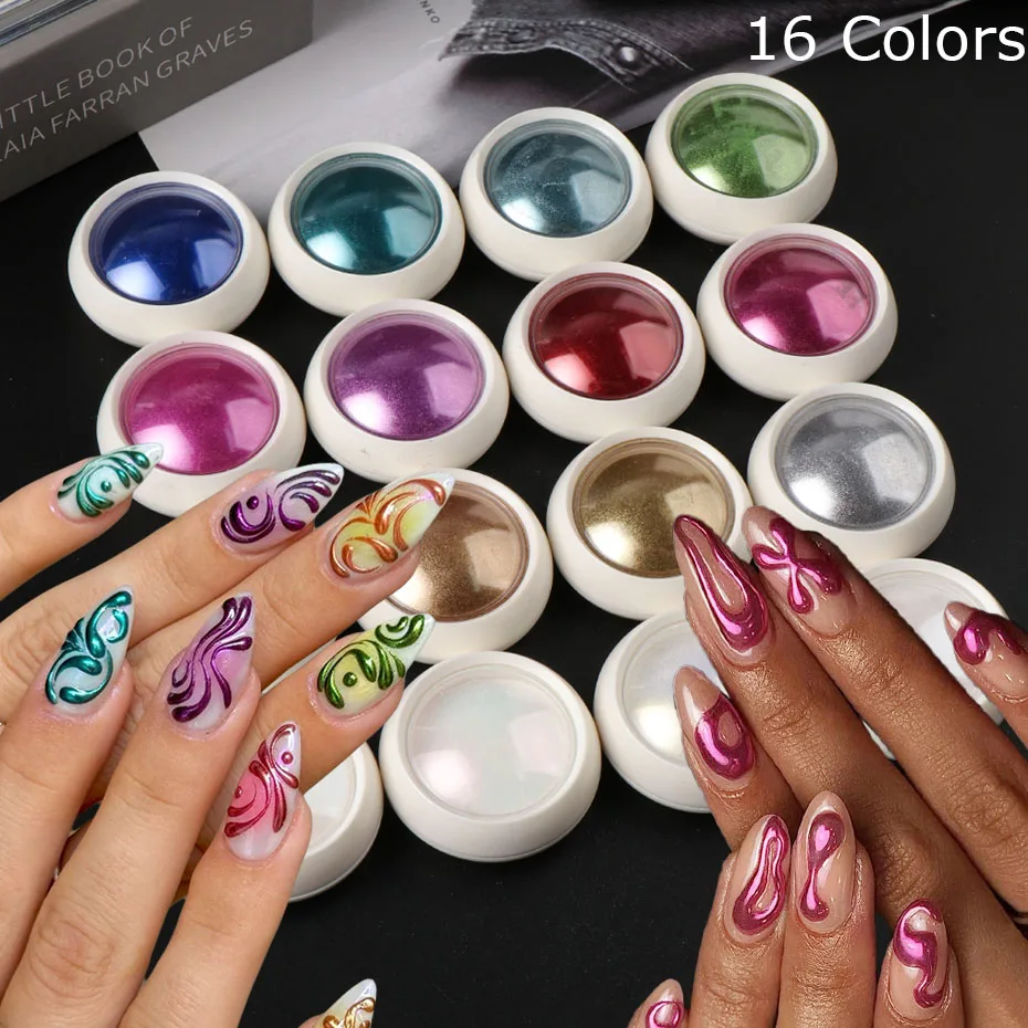 16pcs/set Y2K Super-Bright Metallic Magic Mirror Chrome Nail Powder Set  Holographic Iridescent Effects Including Aurora Dust