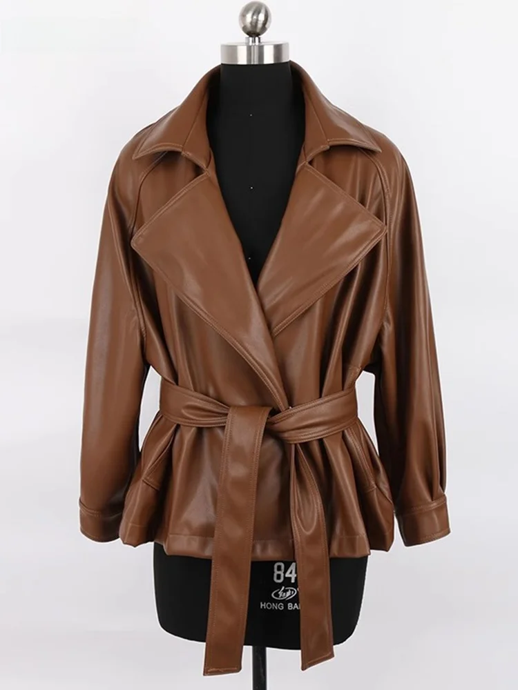 

Женская коричневая кожаная куртка Nerazzurri из искусственной кожи, свободного кроя, с тонким поясом, осеннее кожаное пальто для повседневной носки, с длинными рукавами