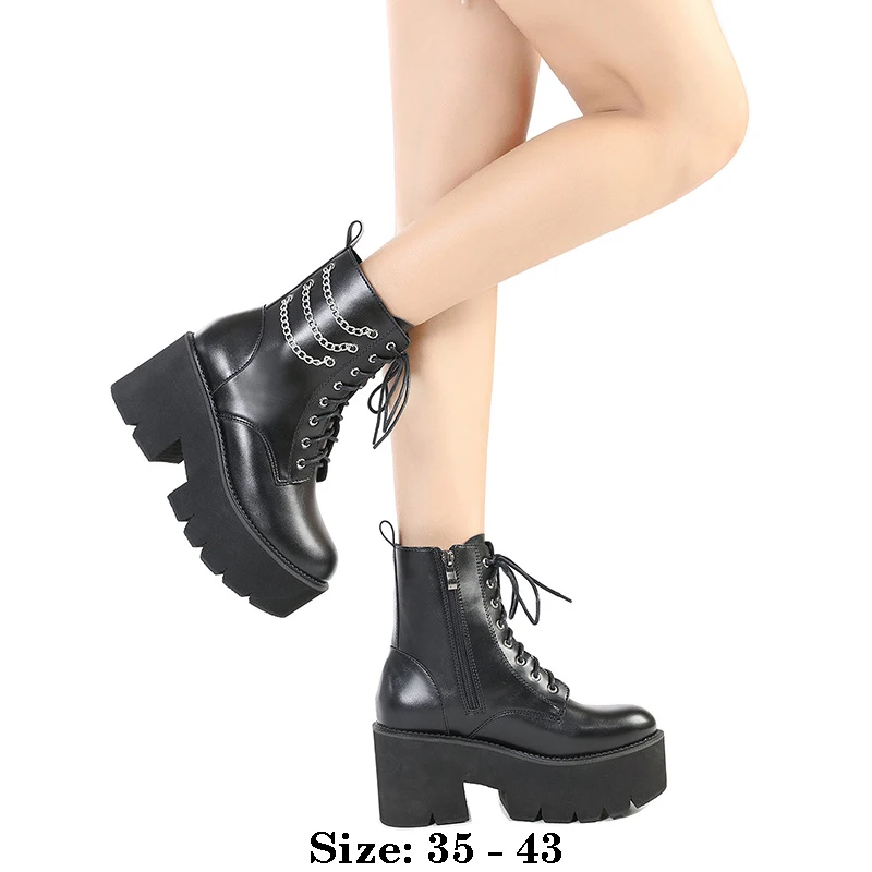 

High quality long ankle leather boots for women zipper 8cm high heel platform new 2025 autumn winter 35 43 fashion shoe black