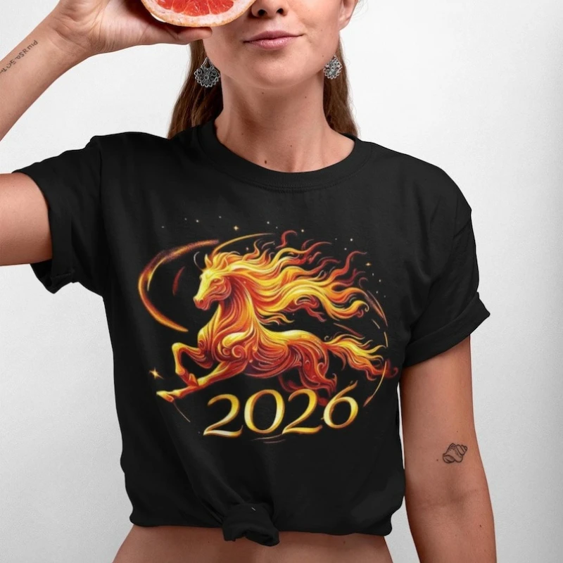 of 2026 New Year  Lunar Chinese Zodiac Unisex Tee horse fire printed T-shirt tops fashion All-match Adult Regular short sleeve