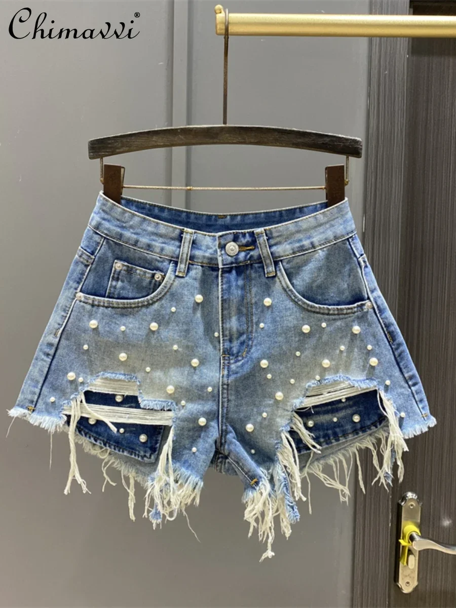 

2024 Summer New Heavy Industry Beads High Waist Denim Shorts Women's Fashion Holes Raw Edge Hot Girls A-Line Wide-Leg Hot Pants