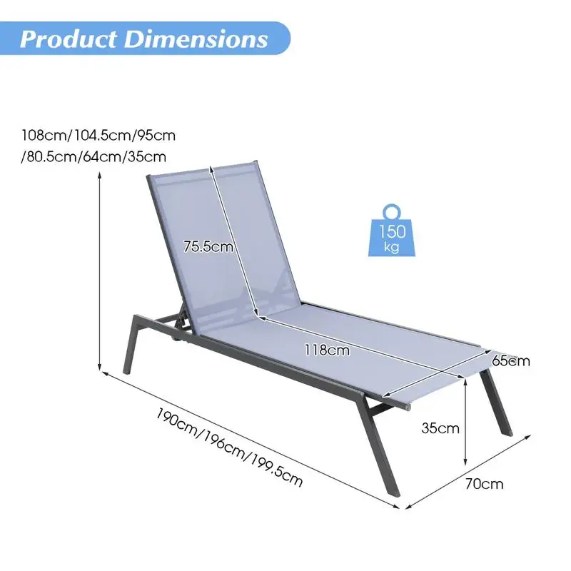Adult Outdoor Folding Lounge Chair, 6-Position Adjustable Backrest, Breathable Quick-Dry Fabric, Heavy Duty Steel Frame Supports 330 Lbs, For Pool Deck Patio Camping, Gray