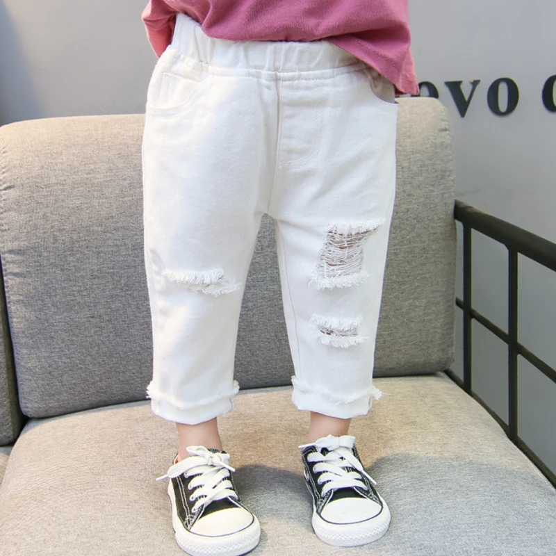 Girls White Ripped Jeans Children Summer Denim Pants Baby Denim Casual Pants 1-6 Years Old