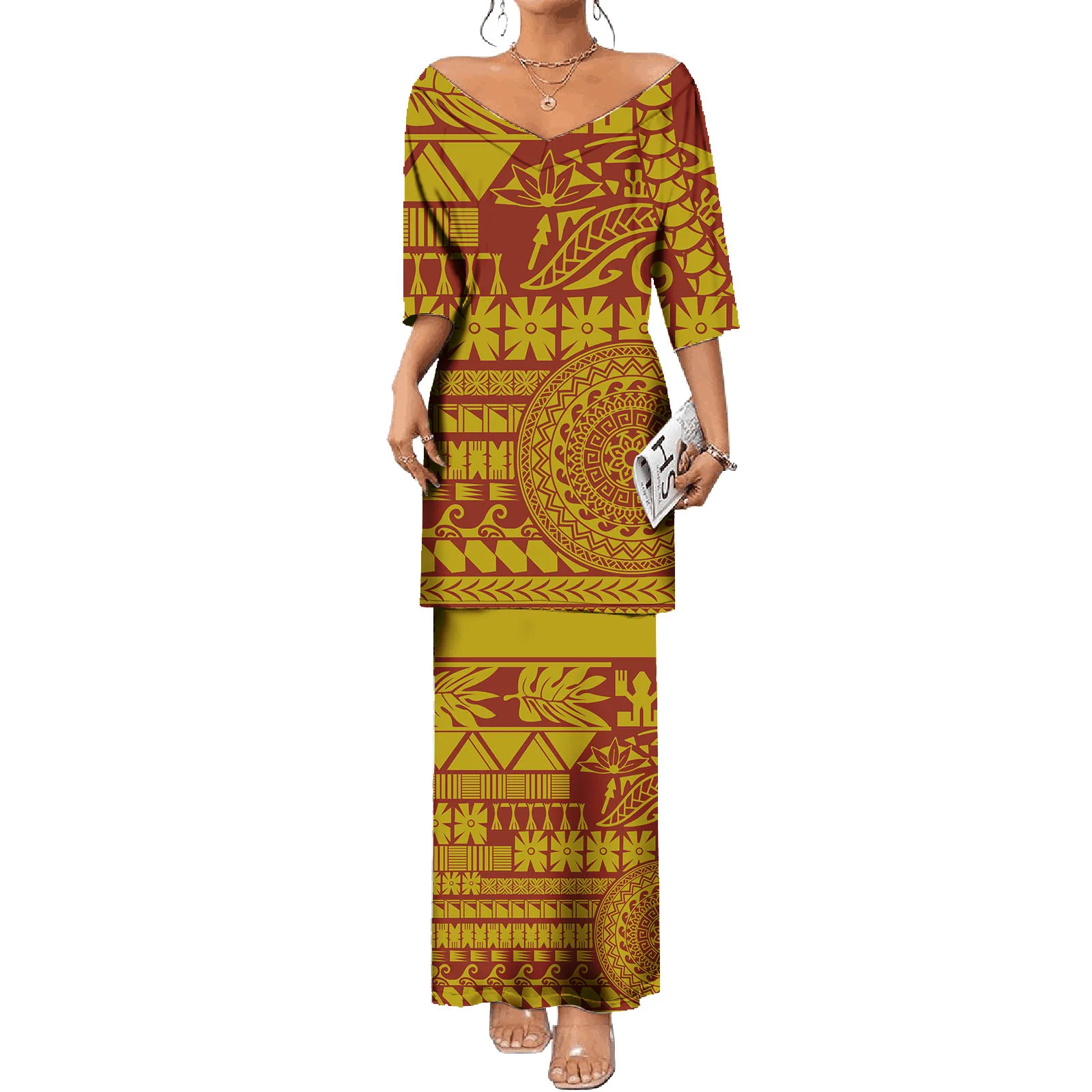 

Asia & Pacific Island Clothing V-neck Tops And Skirts 2 Pcs Dress Set Plus Size Elegant Polynesian Women Dresses Puletasi Samoa