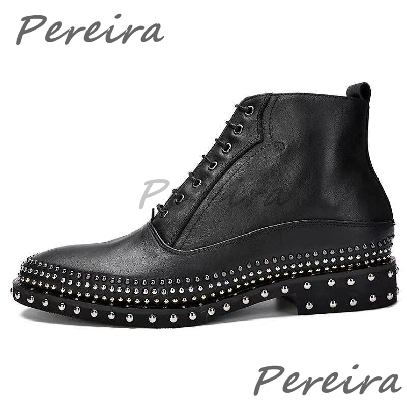 Men Black Matte Leather Ankle Boots Silver Studded Decor Lace Up Block Heel Short Boots Trendy Men's Casual Business Shoes