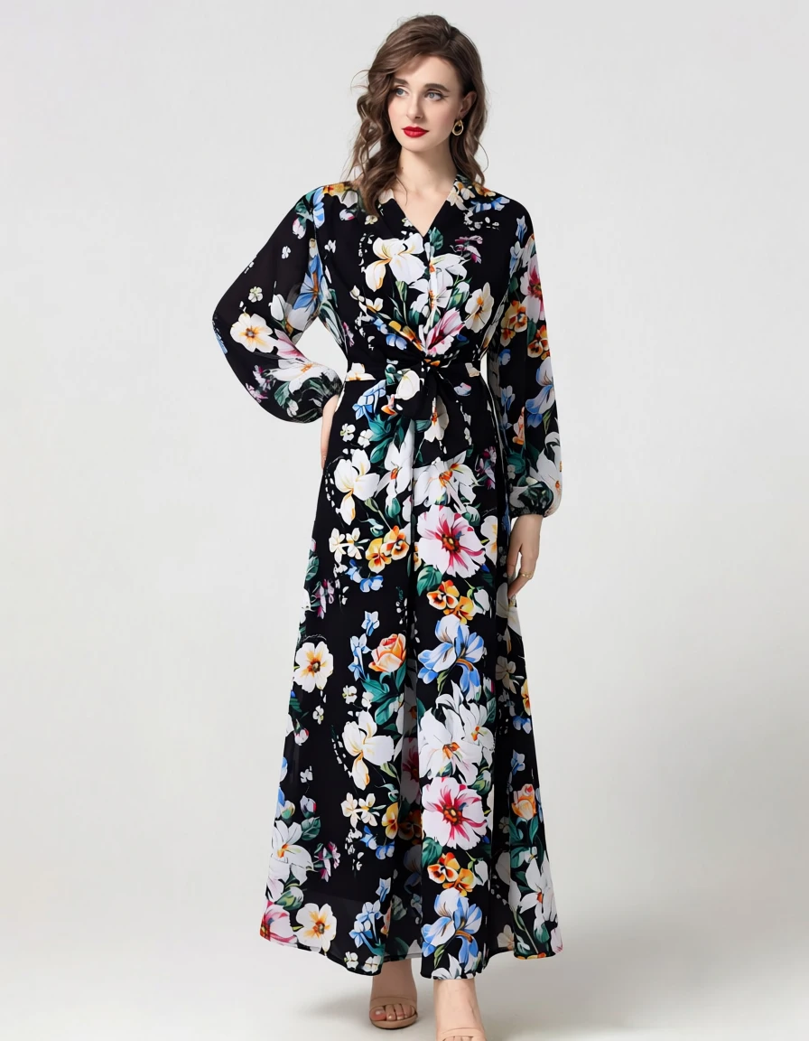 Abito lungo da donna con stampa floreale nera - Abito avvolgente a maniche lunghe con scollo a V e cintura da annodare Abiti firmati