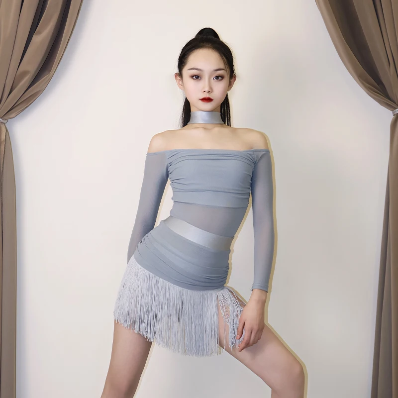 فستان رقص لاتيني مخصص للفتيات والأطفال زي تدريب شرابة بدلة أداء تنورة مجموعة فستان ممارسة اللاتينية