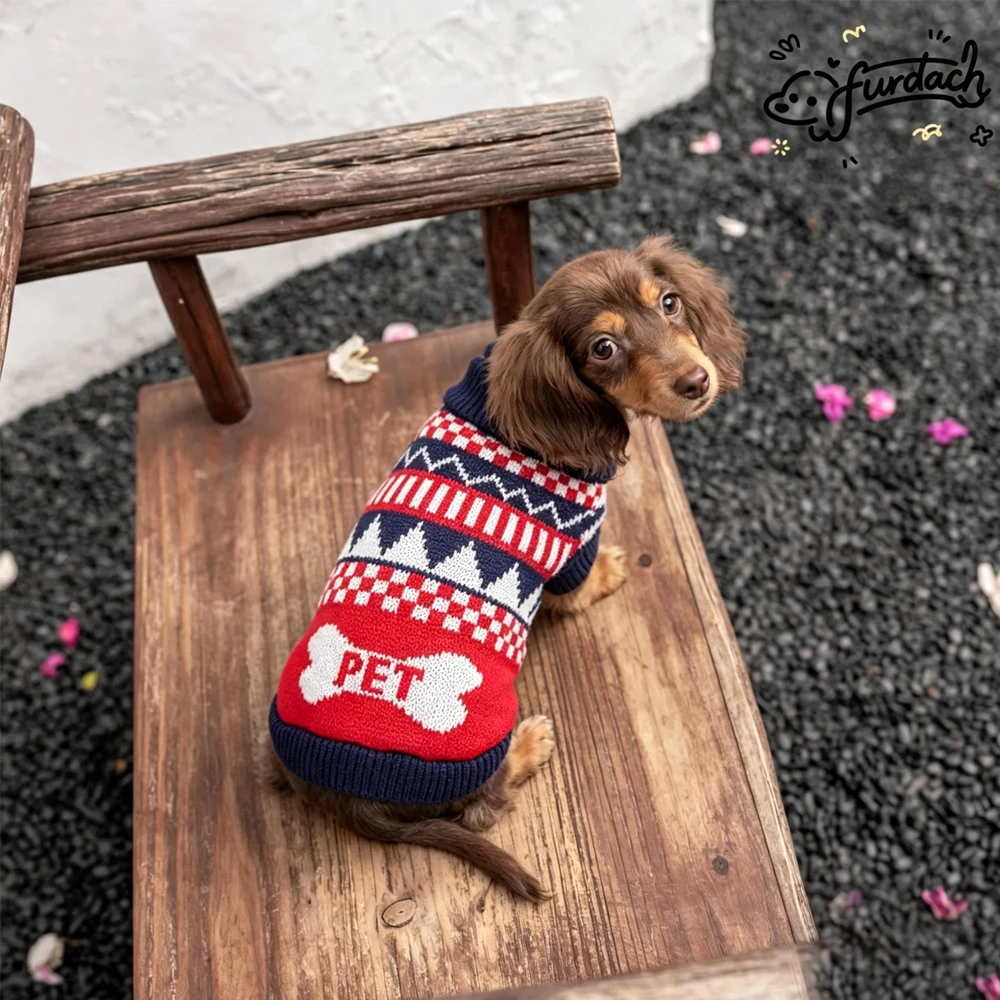 Gebreide kerstjas voor teckels, loungekleding voor teckels, klassieke Britse wintertrui voor teckels.