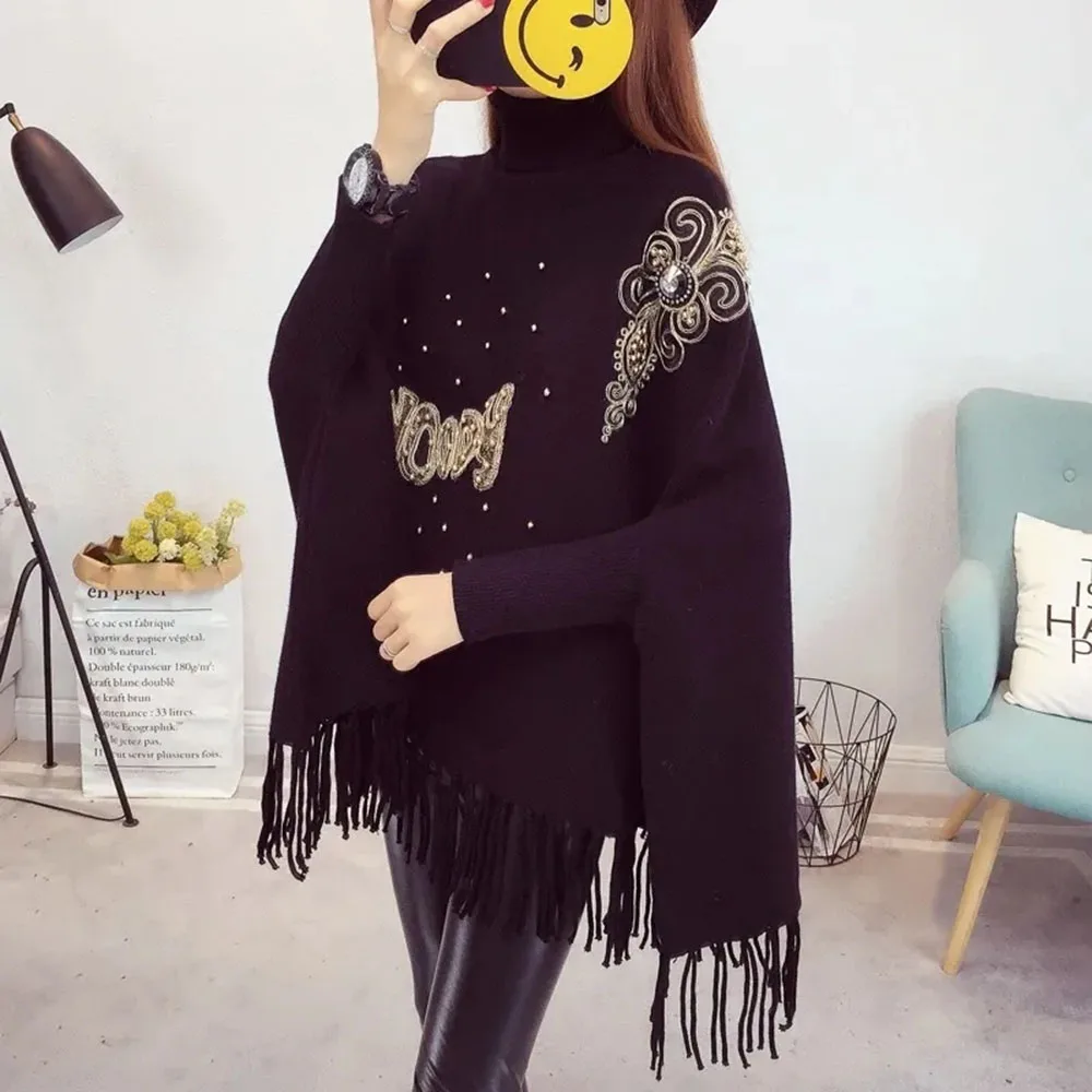 Fashion Turtleneck Women Poncho Spring Winter Jumper Knitted Sweater Cape Warm Pullover Cloak Chic Embroidery Ladies Shawl Tops