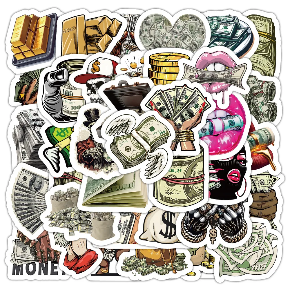 50/100 Pcs Cartoon Money World Stickers Waterproof Fade Resistant for Phone File Holder Laptop Room Furniture Piggy Bank Decals