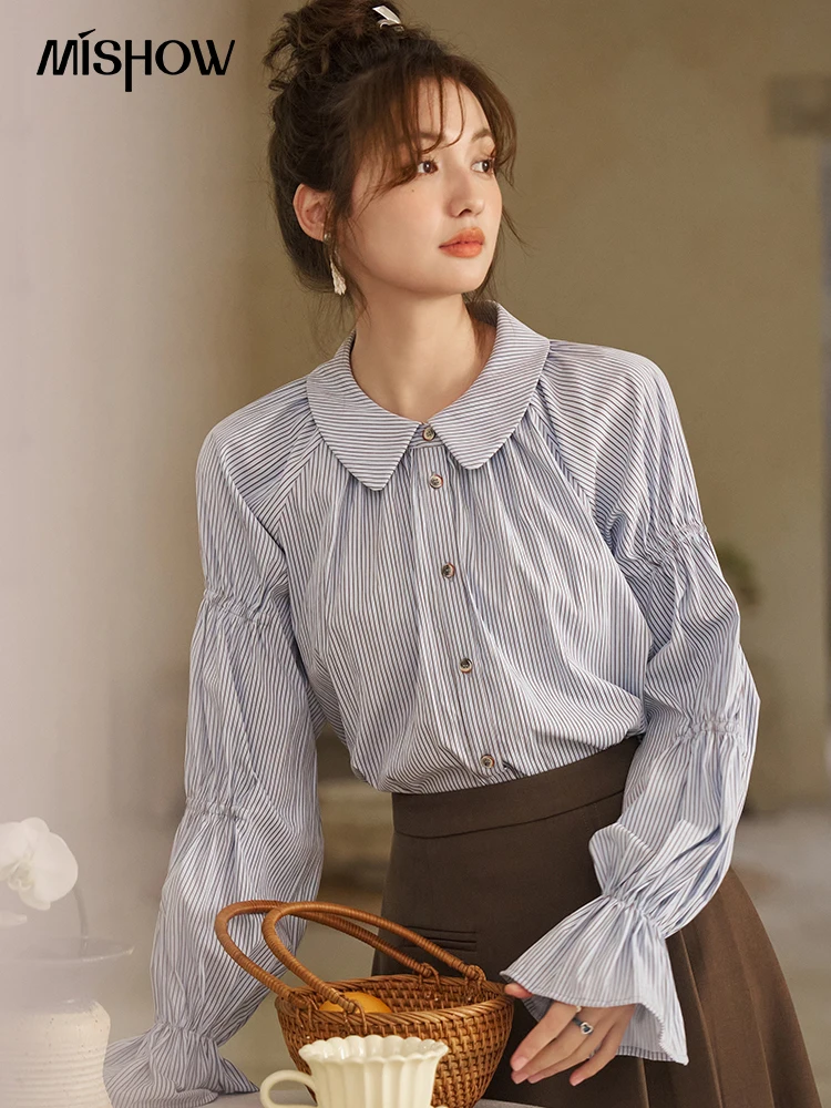 MISHOW Women\'s Blue Stripe Shirt 2024 Spring Fashion French Retro Bubble Sleeves Doll Neck Loose Tops Office Lady MXD12C0163