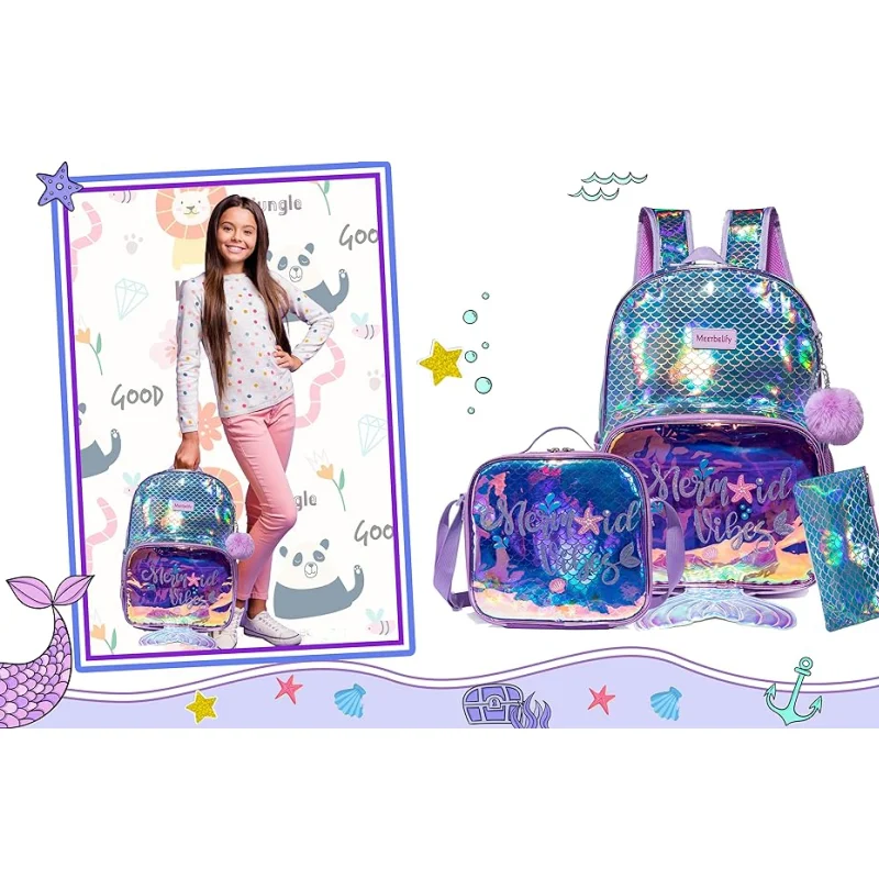 Girls backpack with 3 backpacks and lunch box, suitable for elementary school students with sequin blue beautiful fish tail bags