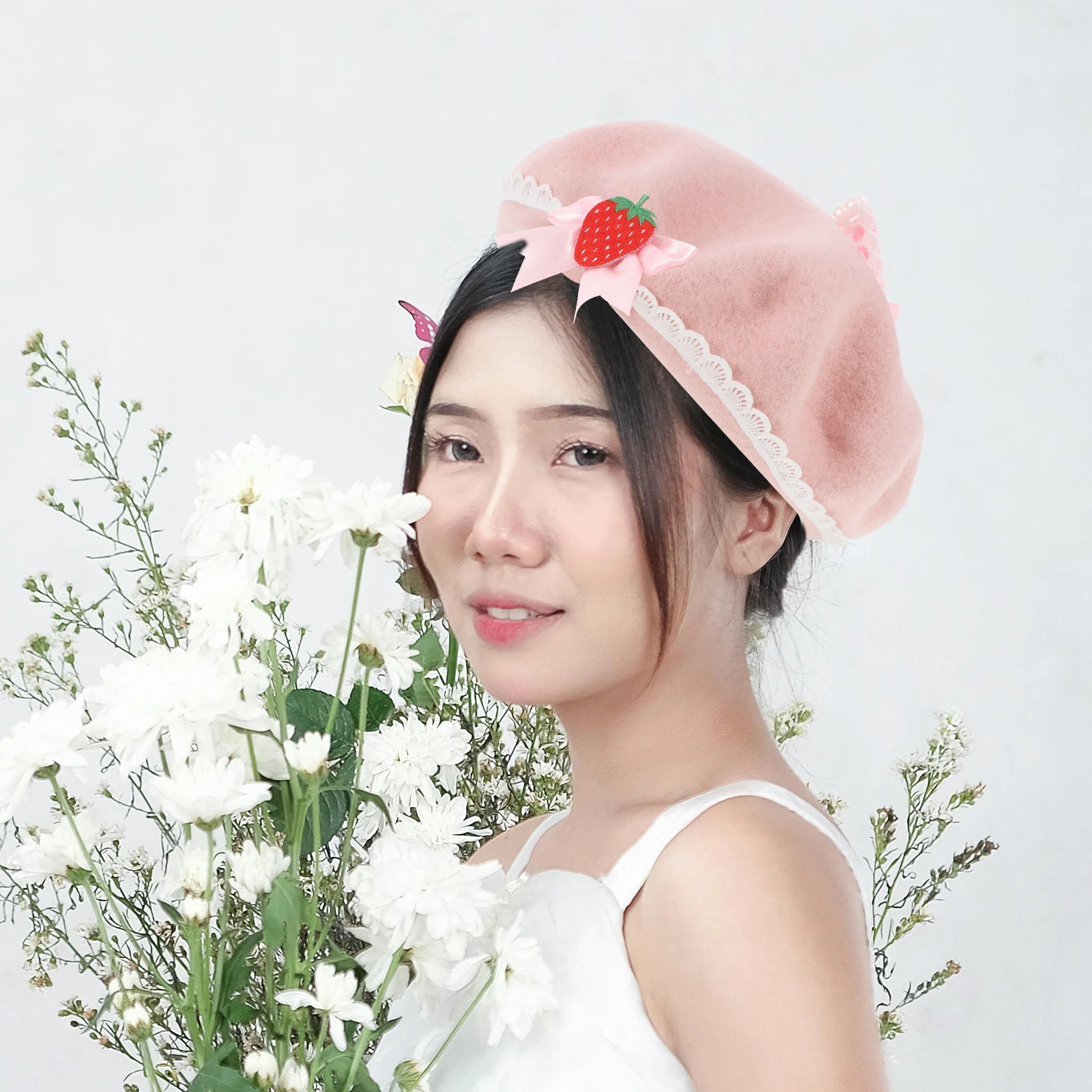 

Strawberry Woolen Beret Bowknot Sweet Warm French Beret for Women Girls Halloween Christmas Travel Hat