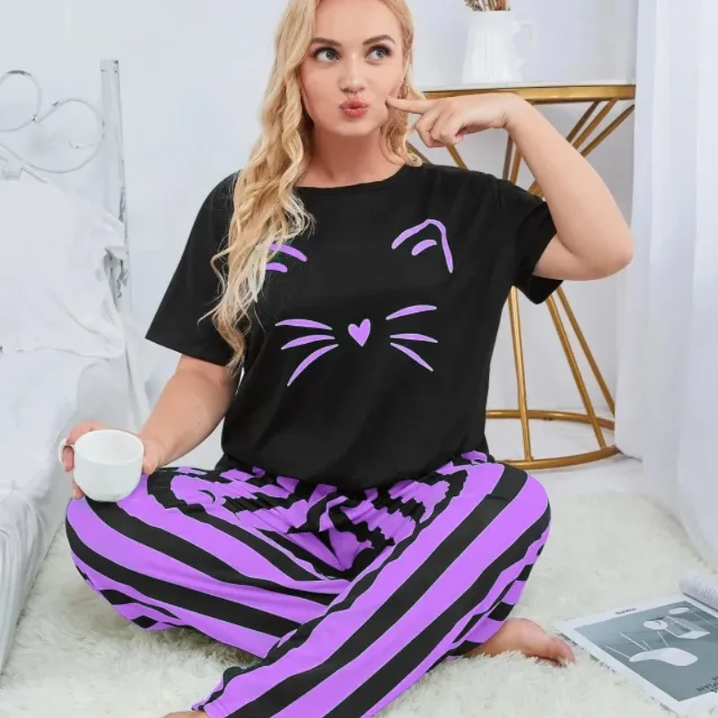 

2025 New Large Size Ladies Pajamas Homewear Set Women Fat Big Size Watermark Top Striped Plaid Trousers Pajamas Homewear Set