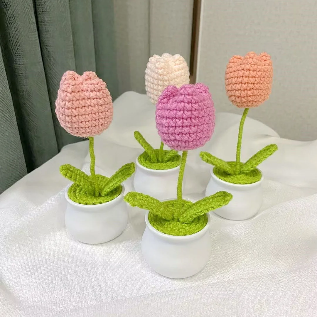 Hand-knitted Sunflower Tuilp Flower Crochet Rose Flowers Potted Plants Homemade Finished Car Home Desktop Decor Bouquet Gifts