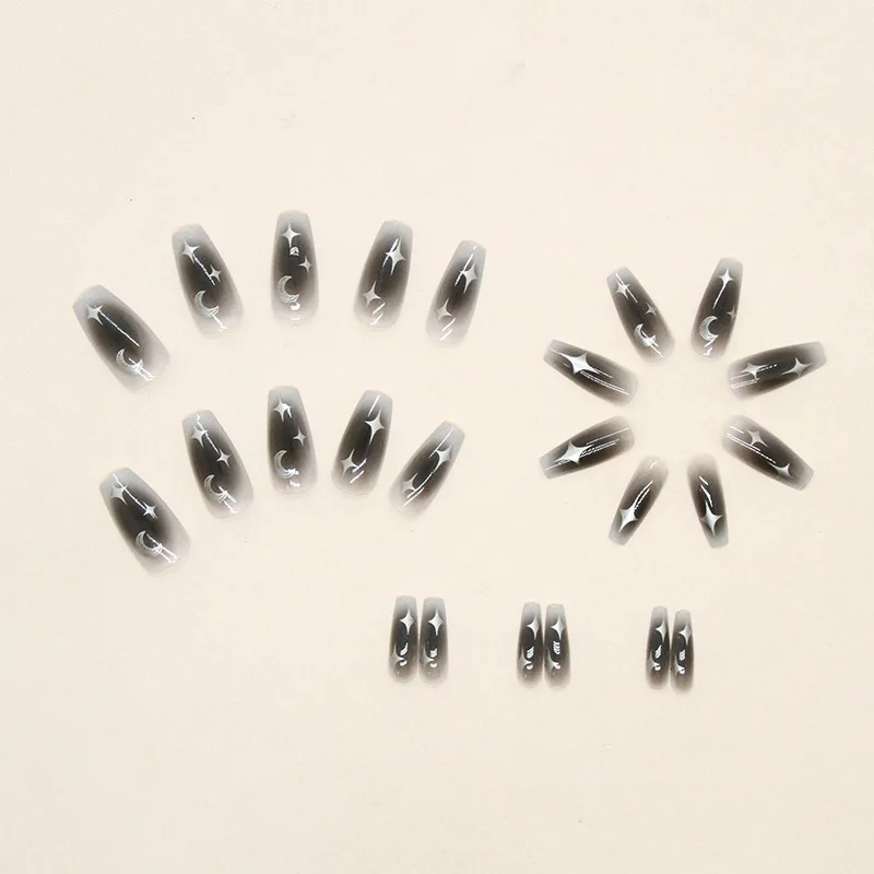 24Pcs Wearable Black Press on Nail Tips Full Cover Fake Nails with Design Moonlight Star Lovely Girls False Nails Art