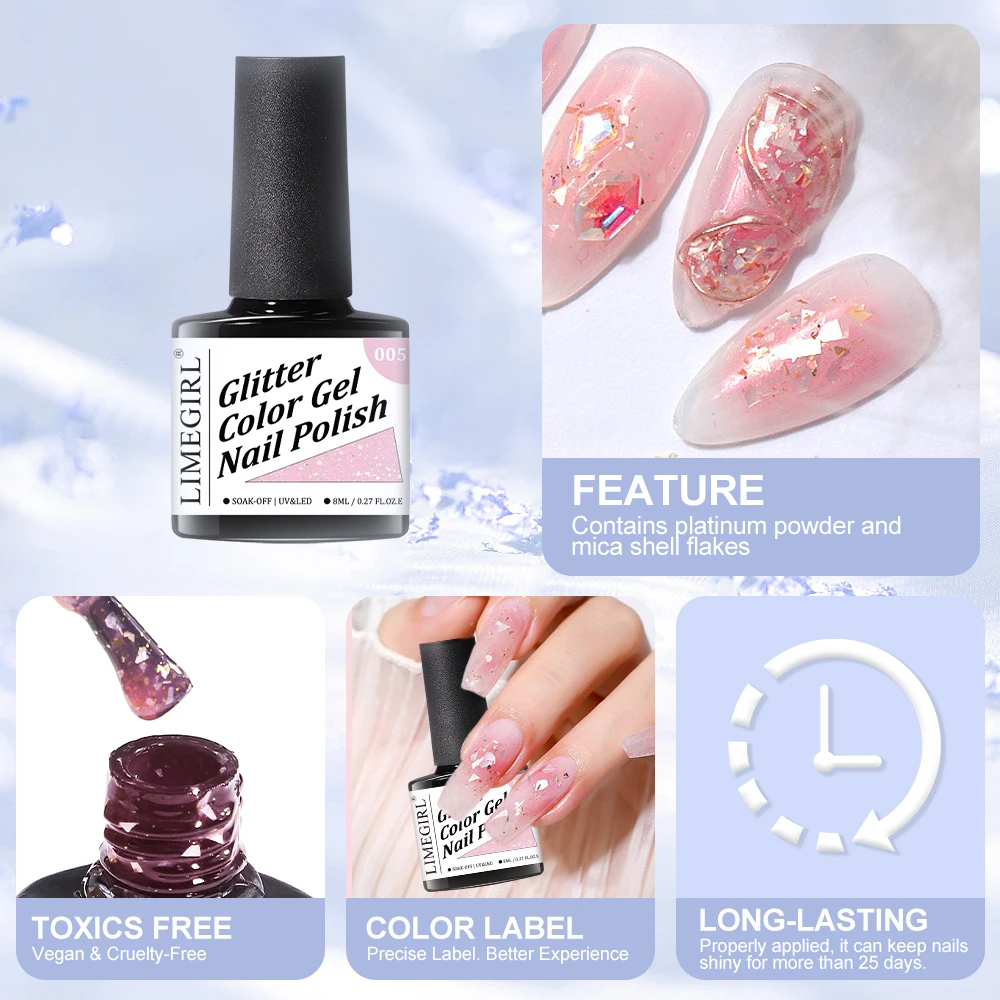 طلاء أظافر جل لامع ، شبه دائم ، فن تجميل الأظافر ، جل صلب ، طلاء ، مانيكير ، وردي ، تأثير رقائق الذهب #2