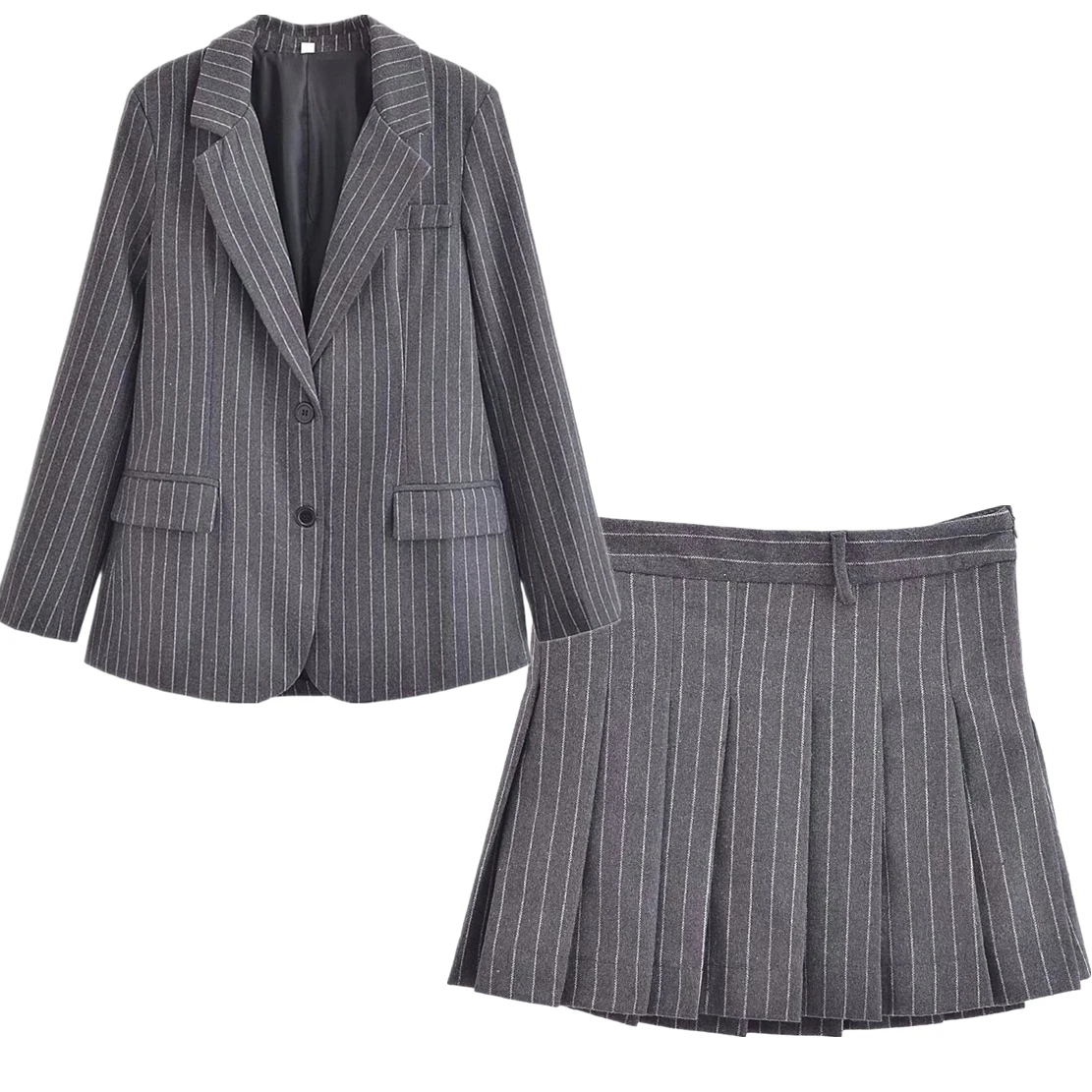 

Withered Suit Retro A-line Skirt Two-Piece Mini Set Women British Fashion Minimalist Striped Blazers