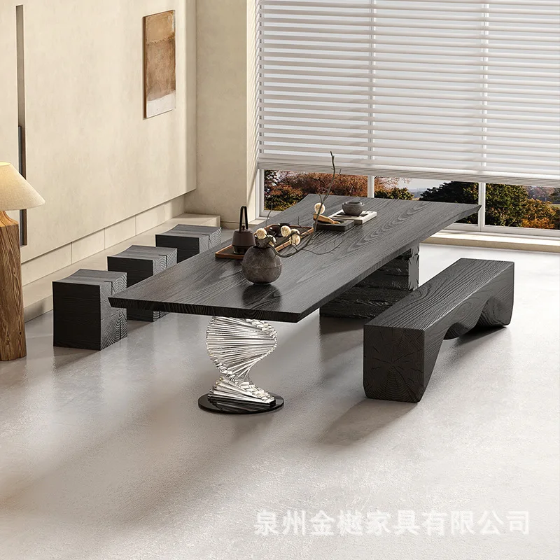 Wabi-sabi Style Solid Wood Tea Table Corrugated Acrylic Ash Desk Designer Tea Making Living Room Log Large Board Table