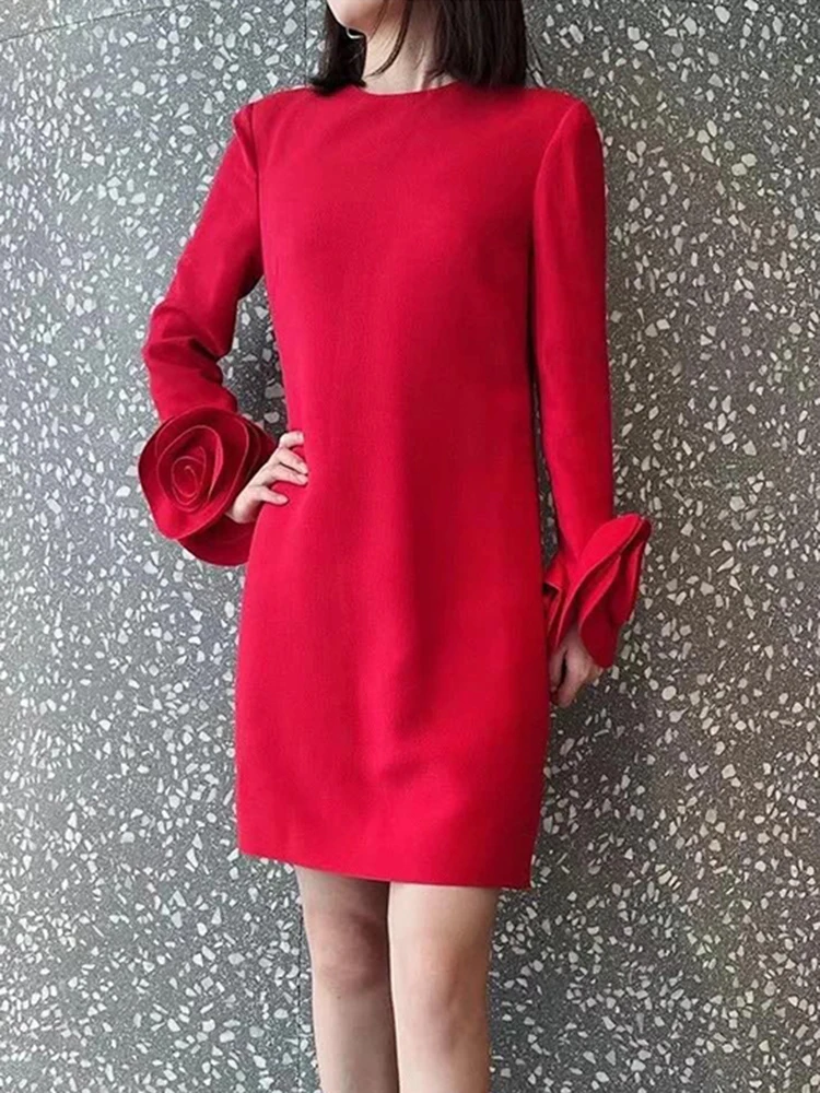 GALCAUR Minimalist Patchwork Appliques Dresses For Women Round Neck Long Sleeve Solid Casual Loose Dress Female Autumn Clothing