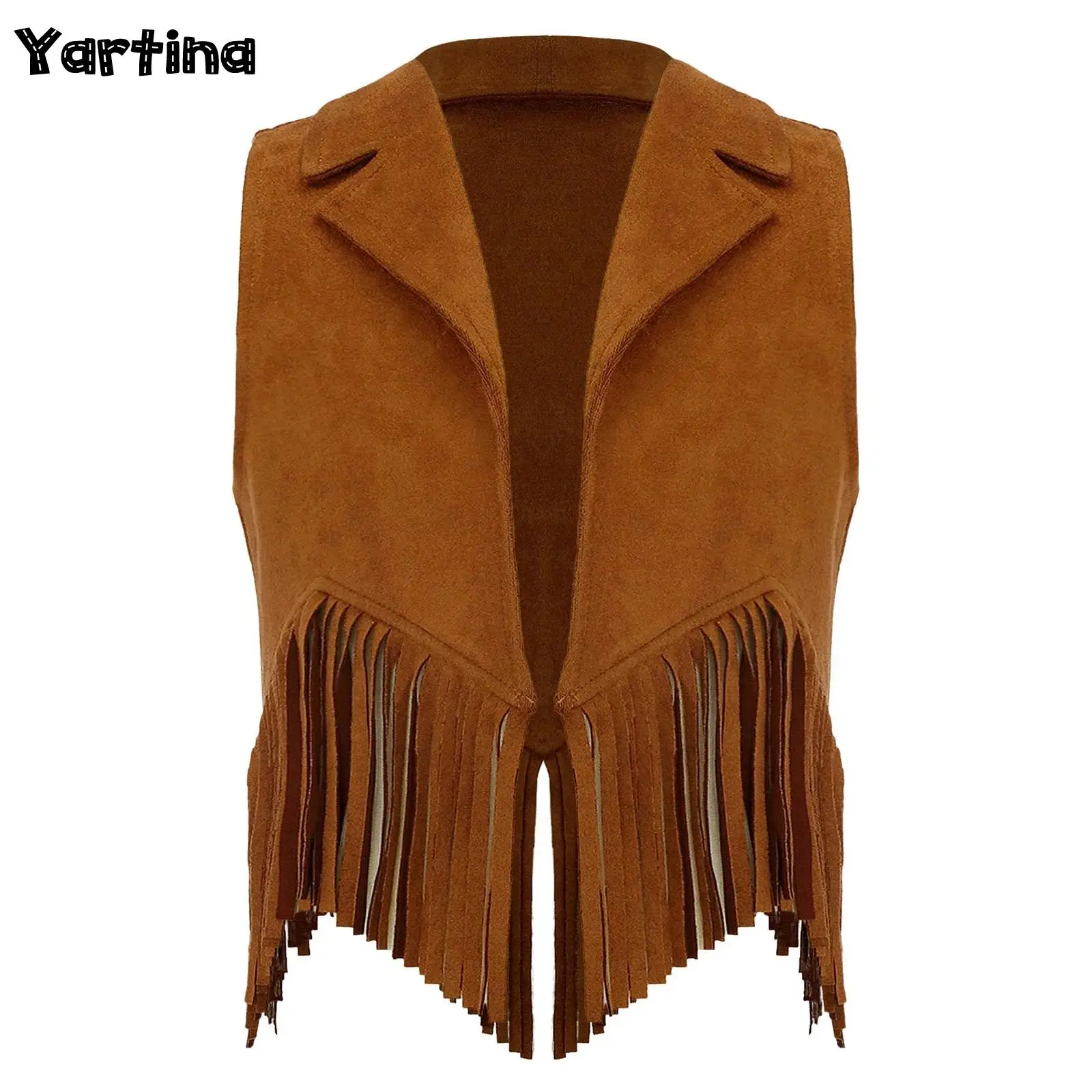 

Boys Girls Suede Wild West Cowboy Cowgirl Hippie Cosplay Costume Western Tassels Vest Tops Fringe Waistcoat Dress Up Outfit