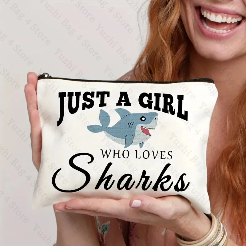 Cute Shark Cartoon Pattern Canvas Makeup Organizer Just A Girl Who Loves Sharks Chidren Shool Pencil Cases Cute Cosmetic Bags