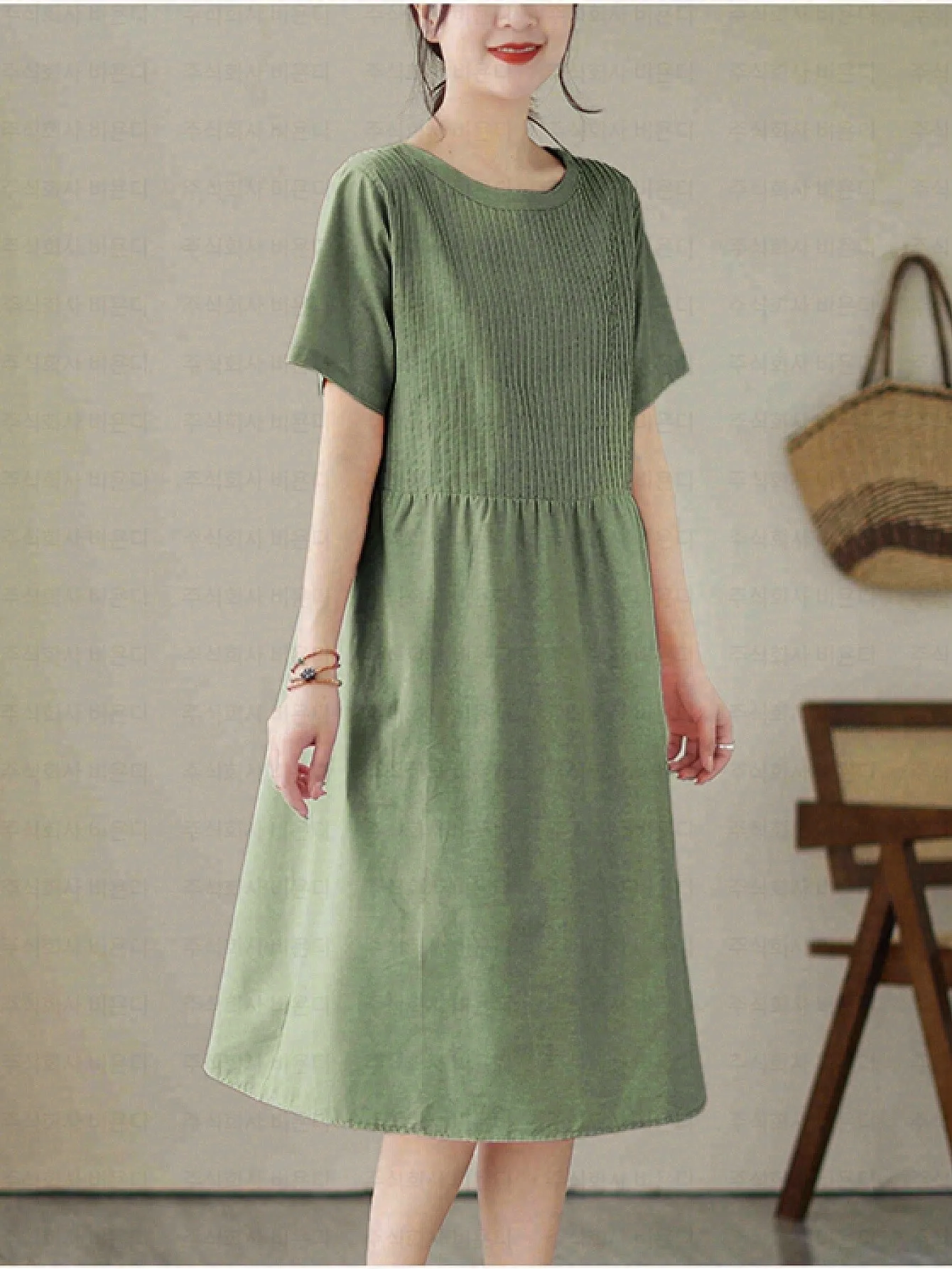 Linen Midi Dress 2023 Summer New Korean Style Loose A-Line Covering Fat Folds Design Pockets High Waist Round Neck Solid Green Pink Navy Long Sleeve