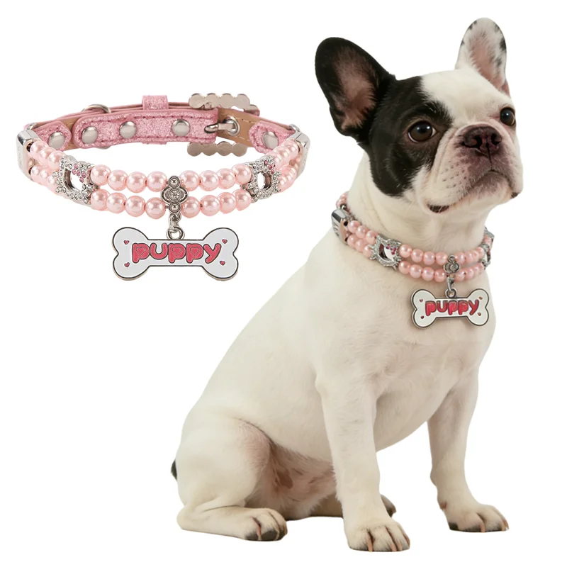 

New Beaded Pet Collar with Bone Pendant & Crystal Cat Charm - Simulated Pearl Rhinestone Necklace for Small Dogs Cats