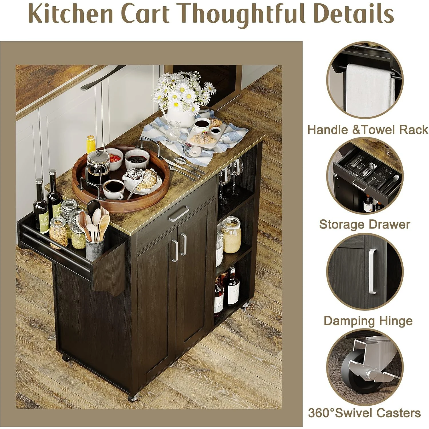 عربة جزيرة المطبخ مع طاولة جزيرة دوارة للتخزين على عجلات مع رف مناشف التوابل ودرج لغرفة الطعام في المطبخ باللون الأسود