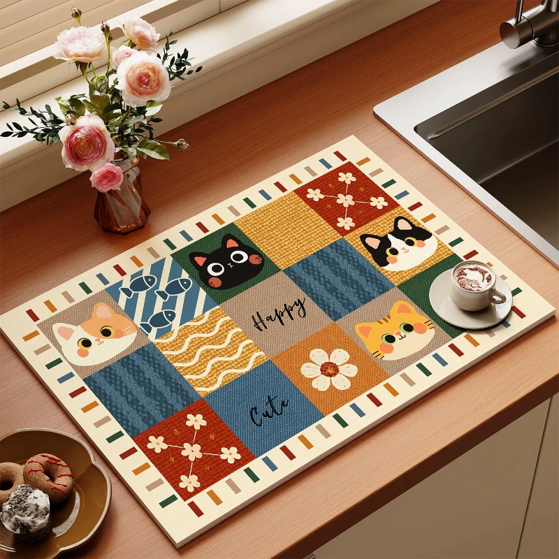 VIKAMA Vintage Fish Floral Kitchen Mat for Sink Counter Drainage Drying Pad Table Placemat Washable Aesthetic Home Decor