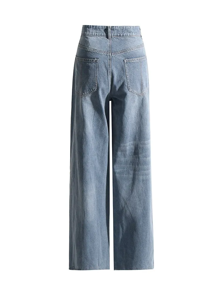KBQ Hit Color Casual Straight Jeans For Women High Waist Spliced Pockets Loose Denim Floor Length Trousers Female Fashion Style