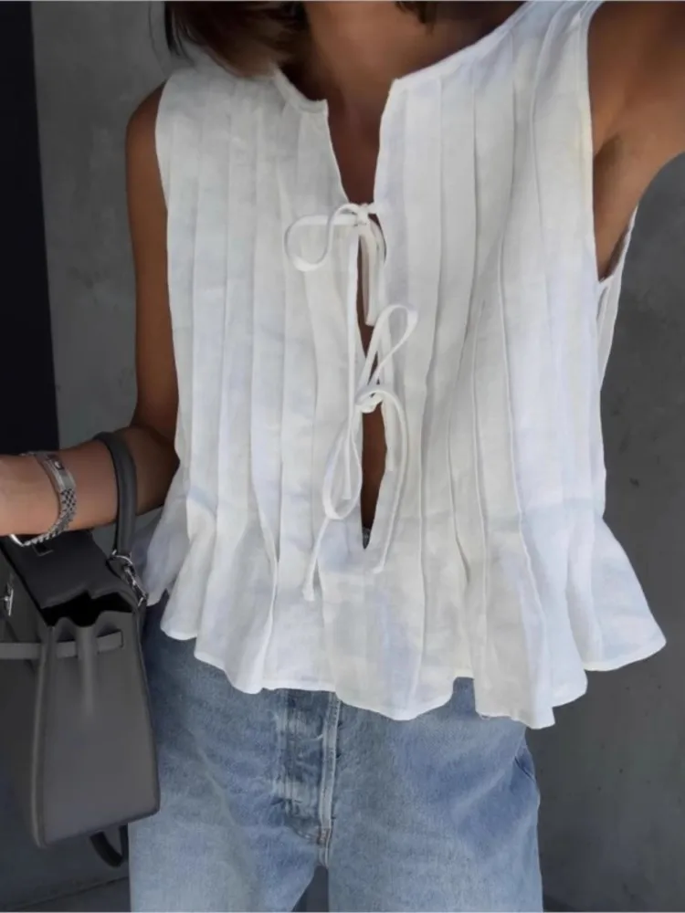 

Fashion Lace Up White Shirts Women Cotton Linen Hollow Out Sleeveless Pleated Blouses And Top Woman Summer Casual Lady Tops