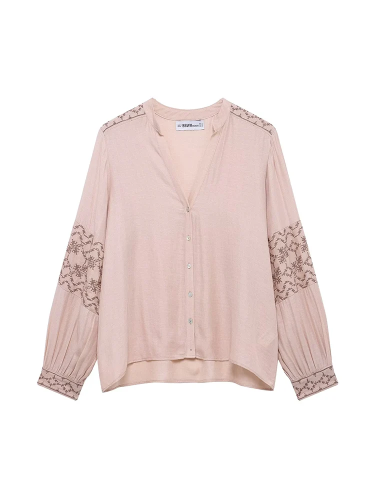 

KUCLUT Women Fashion Pink Embroidery Single Breasted Blouse Vintage V-Neck Long Sleeves Female Chic Lady Shirts