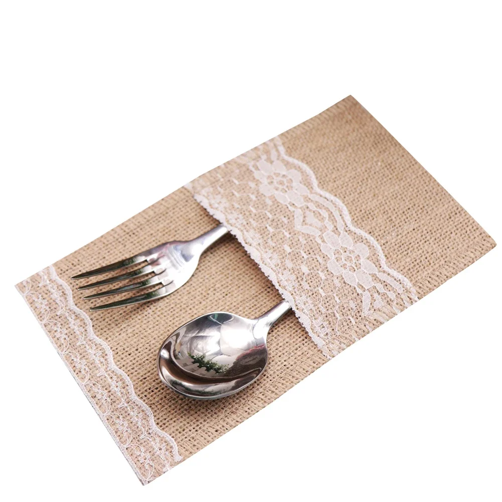 20PCS Country Wedding Table Silverware Holder Natural Burlap Cutlery Pockets Fork Pockets Rustic Wedding Party Table Decoration