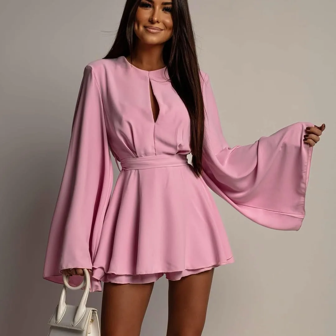 Women's Solid Color Bell Sleeve Dress O-Neck Cutout Waist Belted Flared Mini Dress Elegant Party Dress Evening Event & Dating