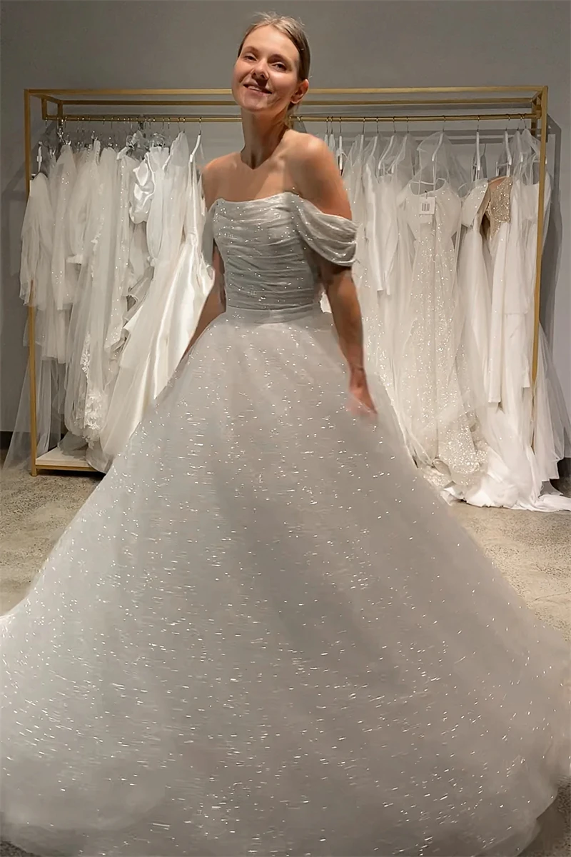 

Glitter Sequins Wedding Dress Off-Shoulder Pleats A Line Floor Length Bridal Gowns Sparkly Robe De Mariee Customized