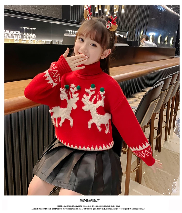 Kinder-Weihnachtspullover-Kostüm für Mädchen, Neujahrspullover mit Hirschmotiv, gestrickte Kleidung, Kinder-Rollkragenpullover, rote Strickware, Alter 4-13 Jahre – Detail 4