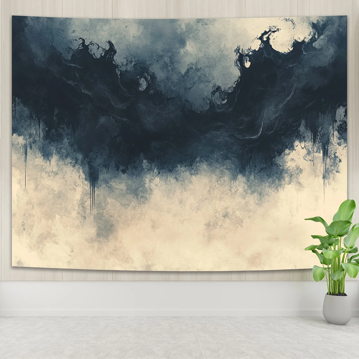 1pc Mystical Mariana Trench Tapestry - Dark Blue & Golden Swirling Ocean Art, Polyester Wall Hanging for Living Room, Game Room