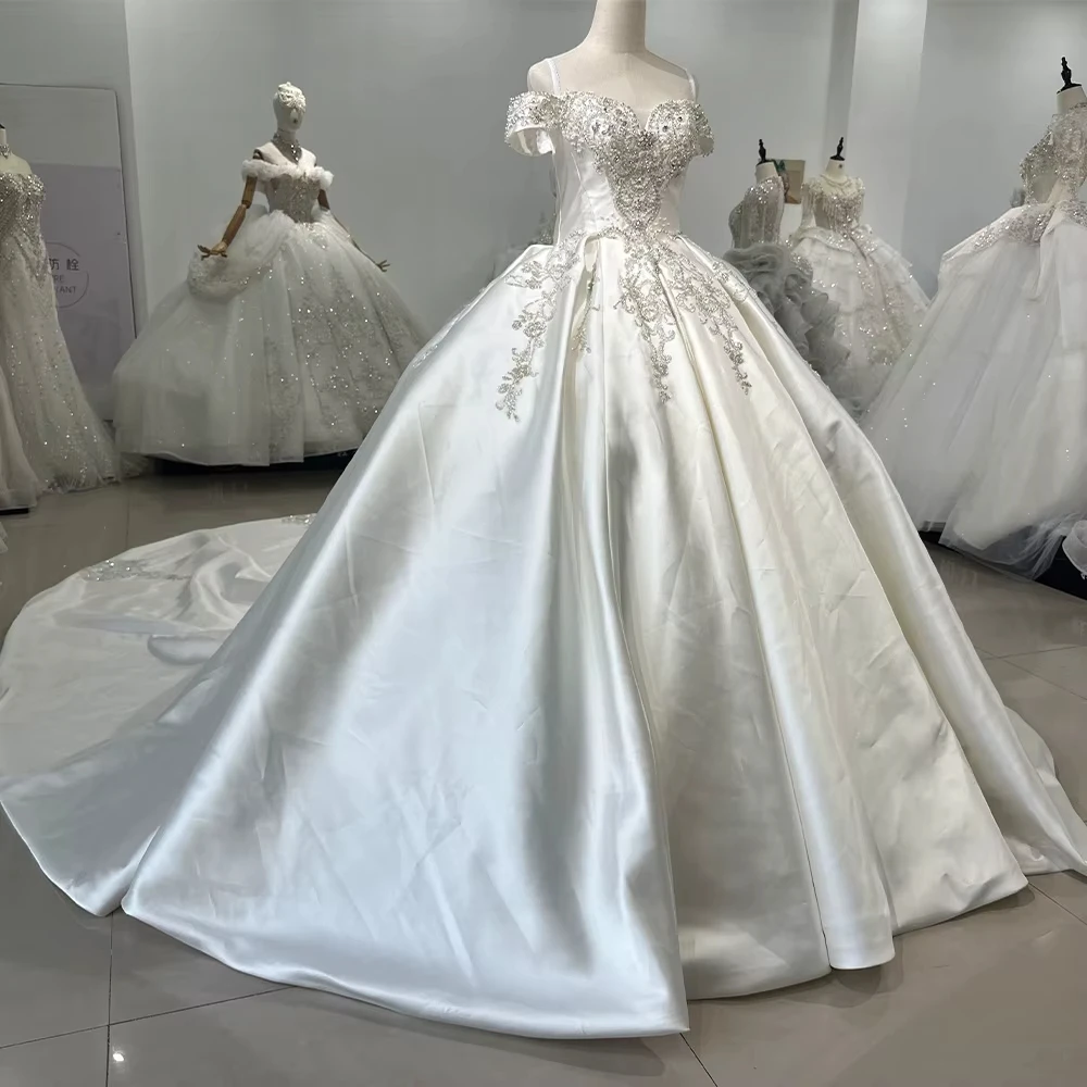 فستان زفاف من Vestido De Novia Encaje بدون أكتاف على شكل قلب وأربطة من الخلف مطرز بالخرز وحفلات الزفاف من الساتان