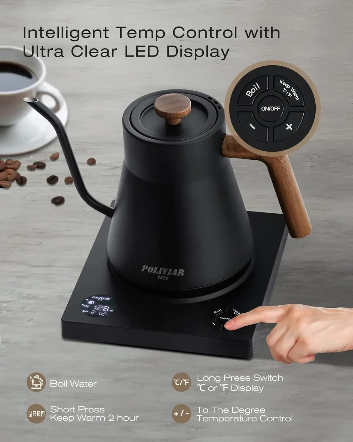 Electric Kettle, 1200W Electric Tea Kettle Real Wood Handle, 34oz Pour Over Electric Kettle for Coffee & Tea,