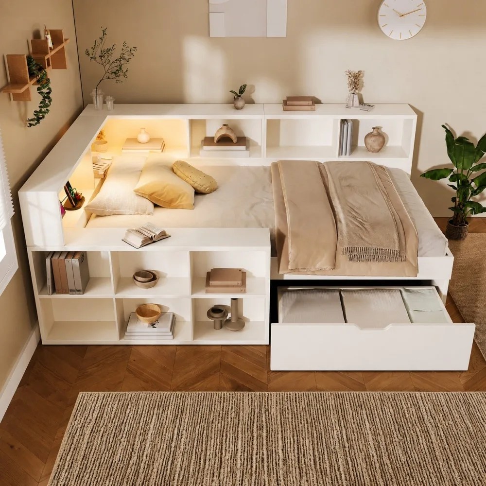 Letto in legno 90x200 cm / 140x190 cm / 140x200 cm con spazio contenitivo e luce da lettura, divano letto singolo bianco con cassetti e ripiano aperto, struttura letto senza materasso per la camera da